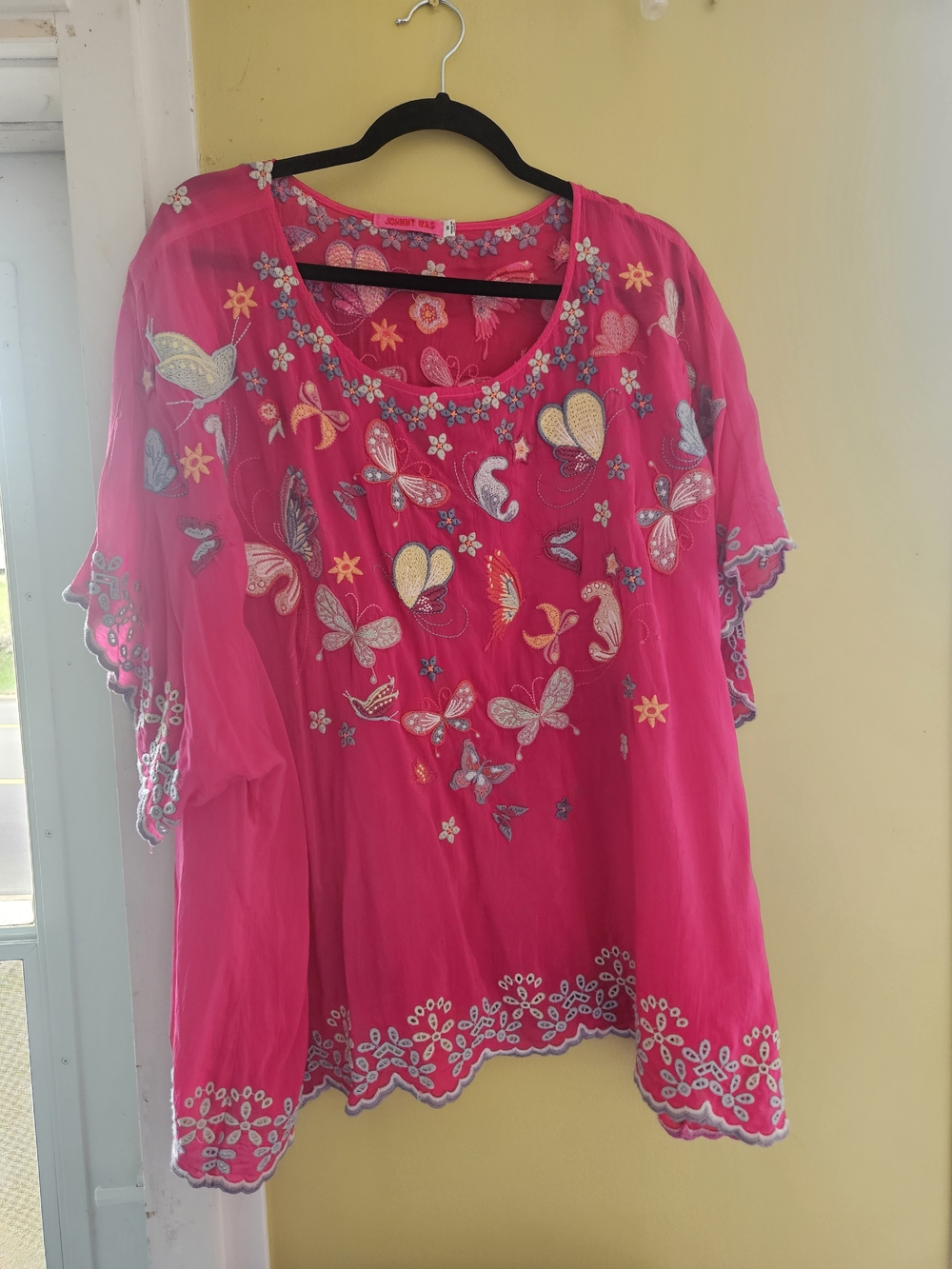 Johnny Was Hot Pink Embroidered Butterfly  Bellona Blouse Sz 3X